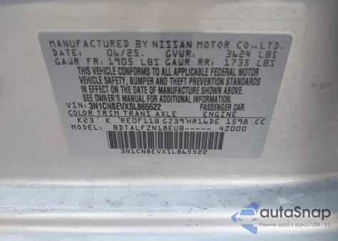 2025 Nissan Versa 1.6 Sv z USA, uszkodzony, nr VIN 3N1CN8EVXSL865522